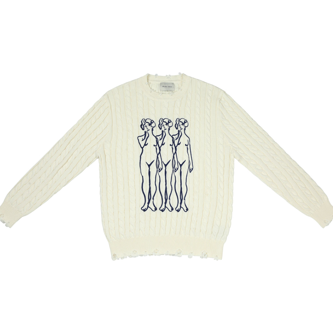 Three Amigas Distressed Cable-Knit Crewneck Sweater