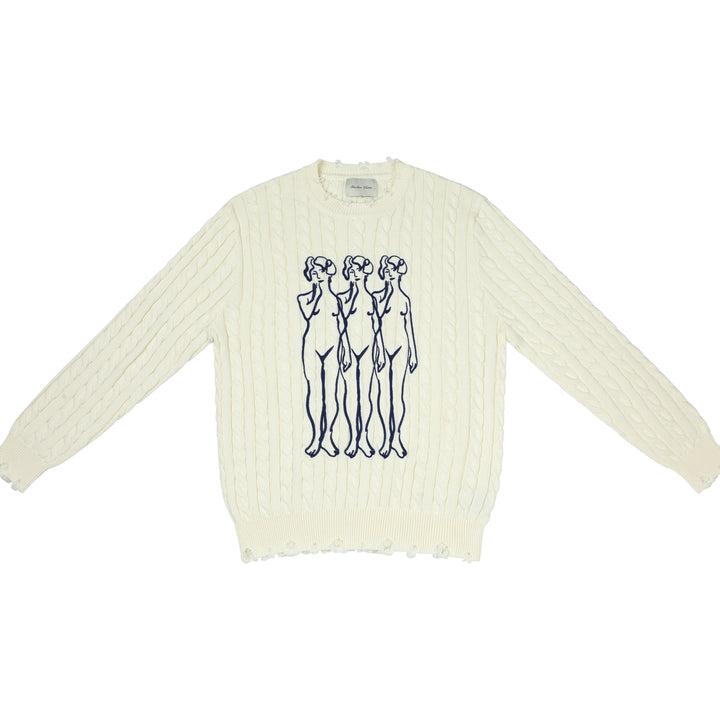 Three Amigas Distressed Cable-Knit Crewneck Sweater