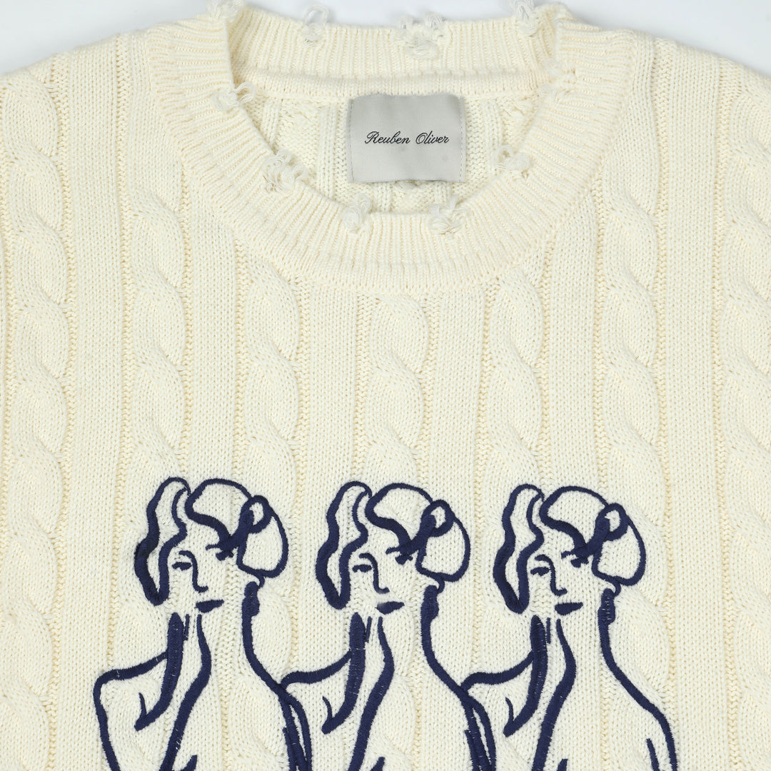 Three Amigas Distressed Cable-Knit Crewneck Sweater