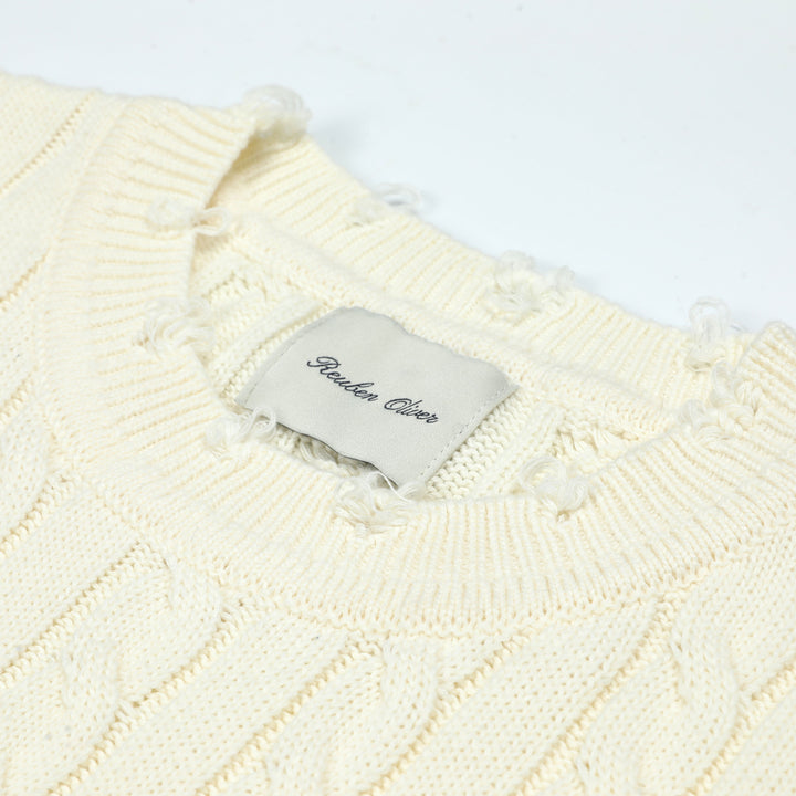 Three Amigas Distressed Cable-Knit Crewneck Sweater